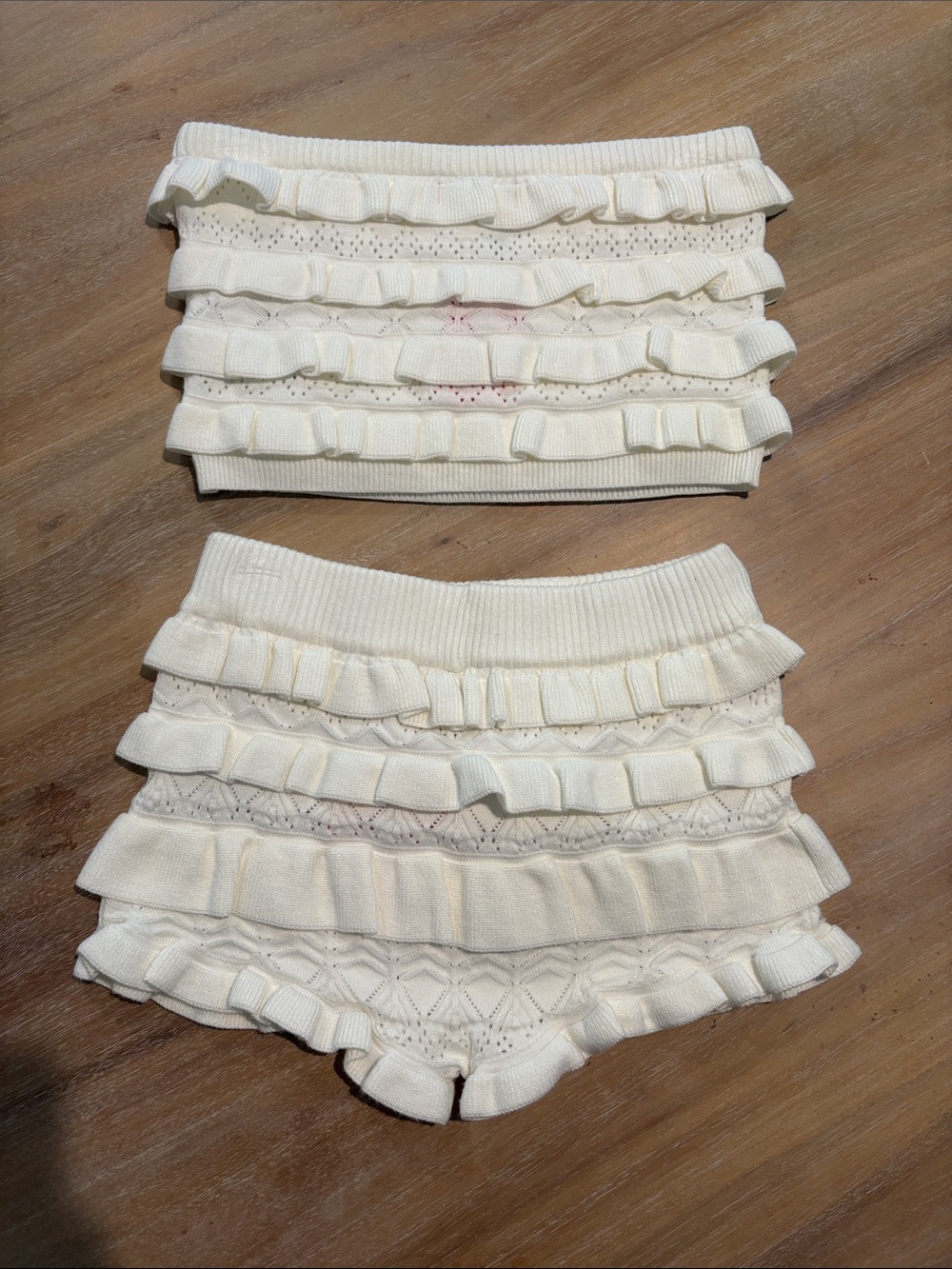 Edikted Cream Ruffled Knit Shorts Set - Picture 2 of 4